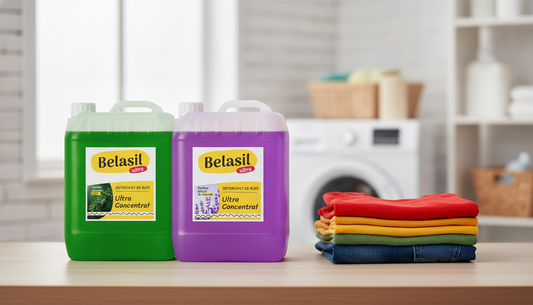 Bidoane detergent Belasil 10L langa haine colorate impaturite
