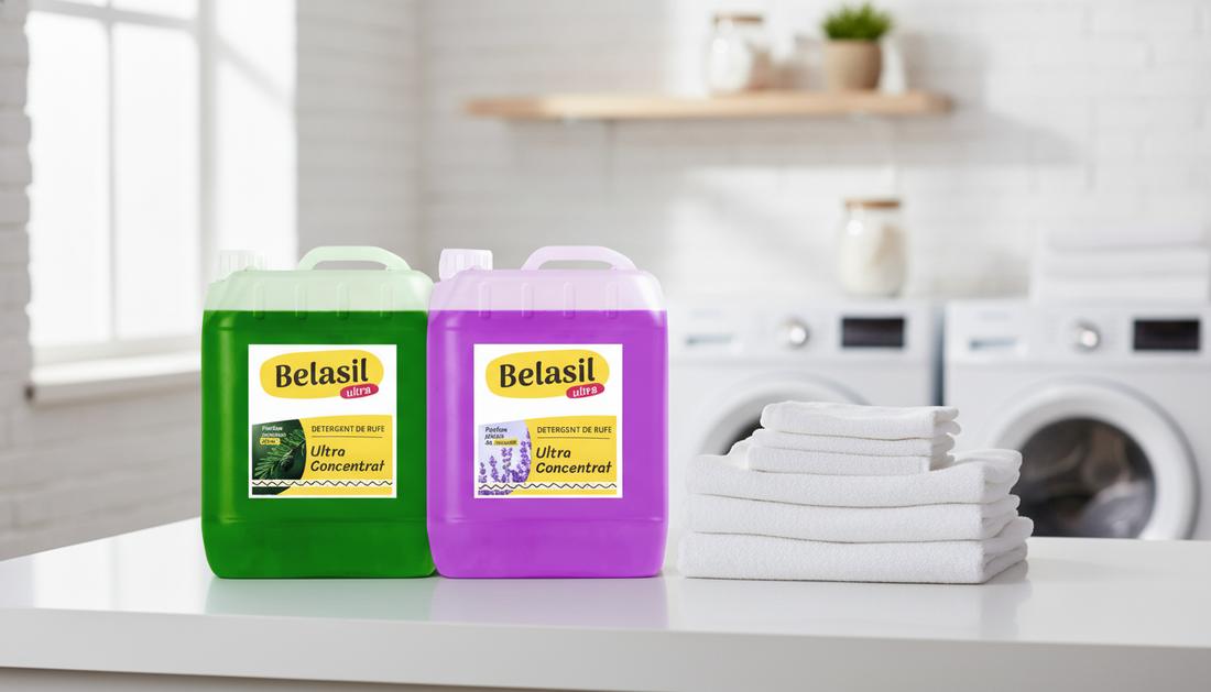 Bidoane mari detergent Belasil 10L langa rufe impaturite
