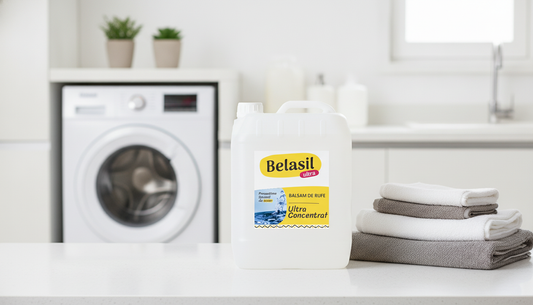Bidon balsam de rufe Belasil 10L langa masina de spalat si prosoape