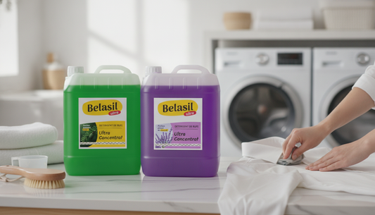 Bidoane detergent de rufe Belasil 10L langa o camasa alba tratata de pata